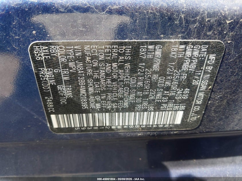 2021 Nissan Rogue VIN JN8AT3BB4MW218395 IAAI salvage auction — SIDE, Salvage (Illinois), sold $7,950 on 2026-07-14 (photo 9)