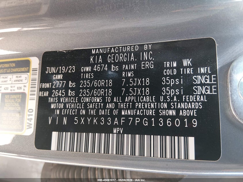2023 Kia Sportage VIN 5XYK33AF7PG136019 IAAI salvage auction — FRONT END, Salvage Title, sold $6,900 on 2026-08-01 (photo 9)