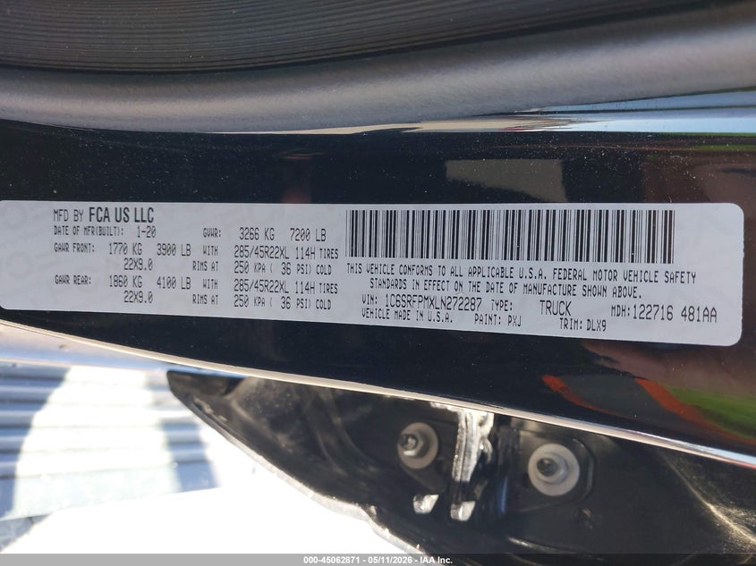 2020 Ram 1500 VIN 1C6SRFPMXLN272287 IAAI salvage auction — FRONT & REAR, Salvage Title, sold $14,300 on 2026-07-12 (photo 9)
