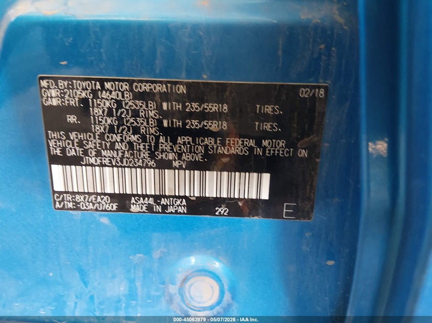2018 Toyota Rav 4 VIN JTMDFREV3JD234796 IAAI salvage auction — FRONT END, Salvage (Arizona), sold $4,800 on 2026-07-14 (photo 9)