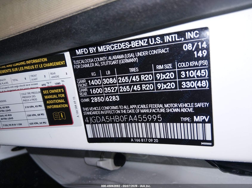 2015 Mercedes-benz M-klasse VIN 4JGDA5HB0FA455995 IAAI salvage auction — FRONT END, Salvage (Idaho), sold $4,200 on 2026-07-10 (photo 9)