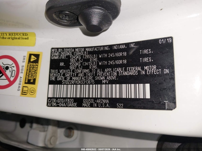 2019 Toyota Highlander VIN 5TDZZRFH2KS313615 IAAI salvage auction — FRONT END, Salvage (North Carolina), sold $3,400 on 2026-07-27 (photo 9)
