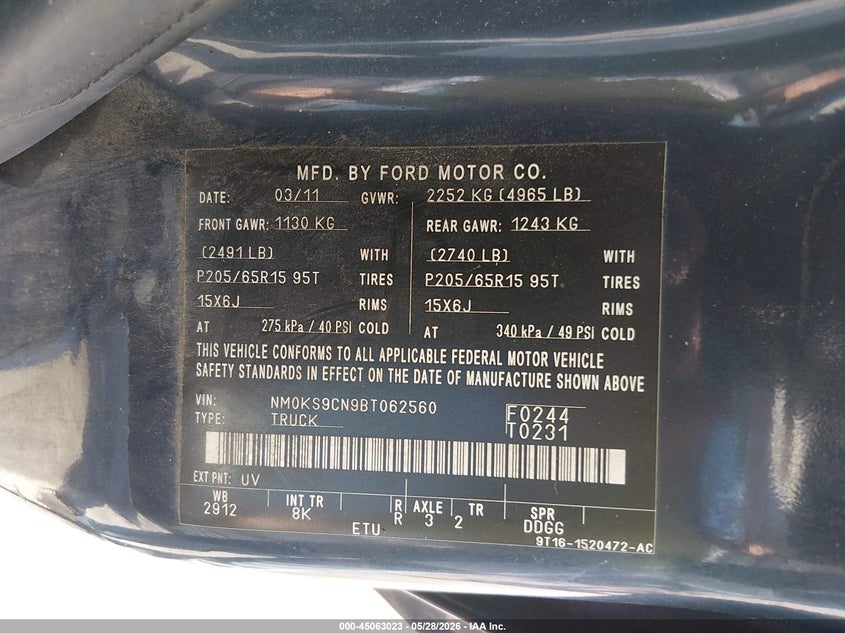2011 Ford Transit connect VIN NM0KS9CN9BT062560 IAAI salvage auction — LEFT FRONT, Salvage (Missouri), sold $575 on 2026-07-07 (photo 9)