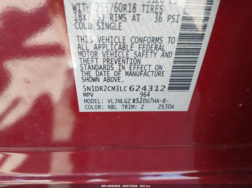 2020 Nissan Pathfinder VIN 5N1DR2CM3LC624312 IAAI salvage auction — FRONT END, Salvage (Kansas), sold $2,500 on 2026-07-10 (photo 9)