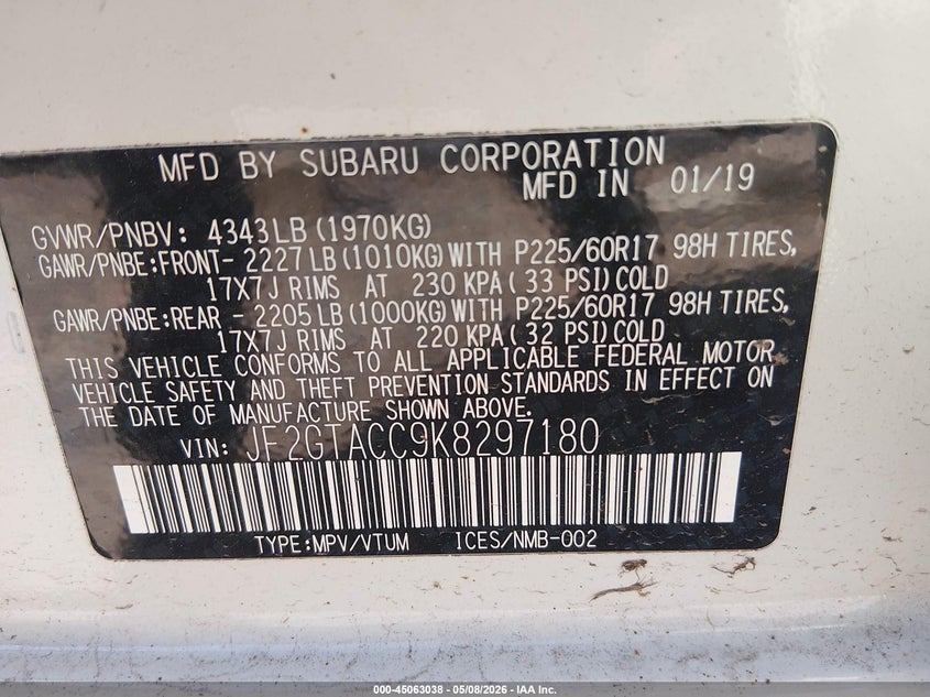 2019 Subaru Xv VIN JF2GTACC9K8297180 IAAI salvage auction — HAIL, Junk Bill Of Sale Mv2459 (Wisconsin), sold $25 on 2026-07-29 (photo 9)