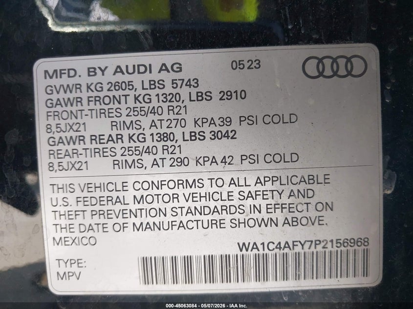 2023 Audi Sq5 VIN WA1C4AFY7P2156968 IAAI salvage auction — LEFT REAR, Original (Texas), sold $17,600 on 2026-07-29 (photo 9)