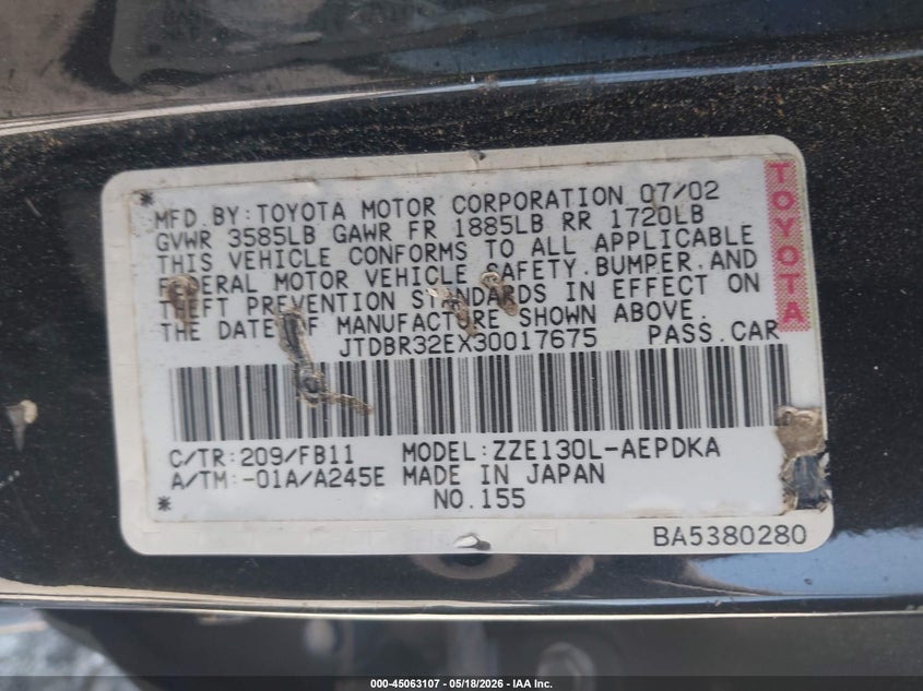 2003 Toyota Corolla VIN JTDBR32EX30017675 IAAI salvage auction — FRONT & REAR, Salvage (Georgia), sold $575 on 2026-07-31 (photo 9)