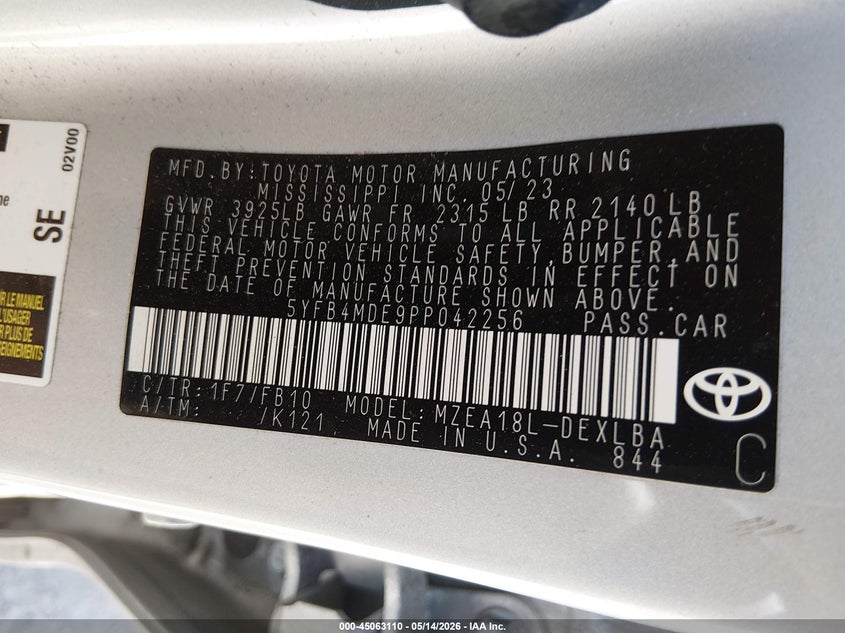 2023 Toyota Corolla VIN 5YFB4MDE9PP042256 IAAI salvage auction — HAIL, Salvage (Illinois), sold $7,000 on 2026-07-15 (photo 9)
