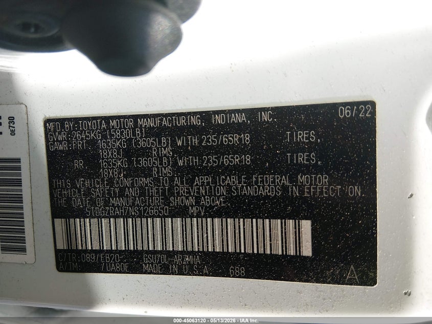 2022 Toyota Highlander VIN 5TDGZRAH7NS126650 IAAI salvage auction — REAR END, Original (Texas), sold $17,300 on 2026-07-11 (photo 9)