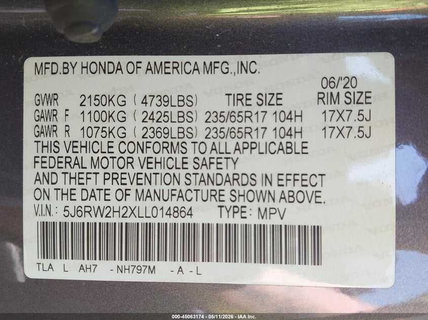 2020 Honda Cr-v VIN 5J6RW2H2XLL014864 IAAI salvage auction — LEFT FRONT, Salvage (Iowa), sold $7,200 on 2026-07-29 (photo 9)