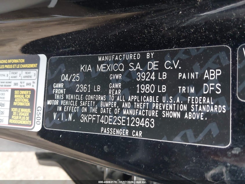 2025 Kia K4 VIN 3KPFT4DE2SE129463 IAAI salvage auction — REAR END, Salvage (Ohio), sold $7,700 on 2026-07-28 (photo 9)
