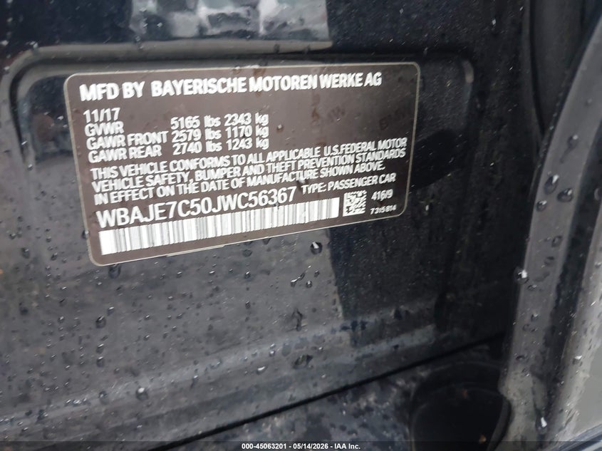 2018 BMW 5er VIN WBAJE7C50JWC56367 IAAI salvage auction — FRONT END, Salvage (Massachusetts), sold $12,650 on 2026-07-17 (photo 9)