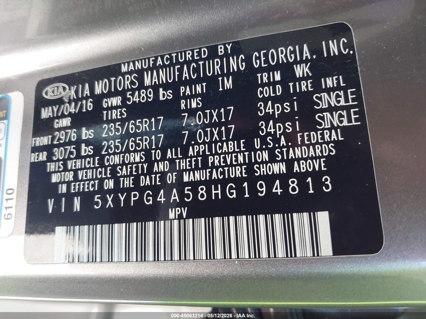 2017 Kia Sorento VIN 5XYPG4A58HG194813 IAAI salvage auction — REAR END, Original (Texas), sold $2,250 on 2026-07-30 (photo 9)