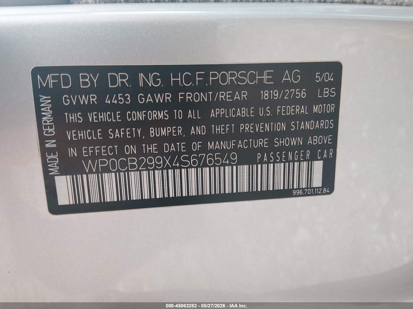 2004 Porsche 911 VIN WP0CB299X4S676549 IAAI salvage auction — LEFT FRONT, Salvage (Tennessee), sold $25,200 on 2026-07-09 (photo 9)
