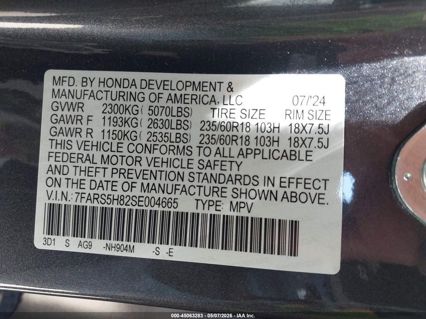 2025 Honda Cr-v VIN 7FARS5H82SE004665 IAAI salvage auction — REAR END, Salvage (California), sold $13,800 on 2026-07-12 (photo 9)