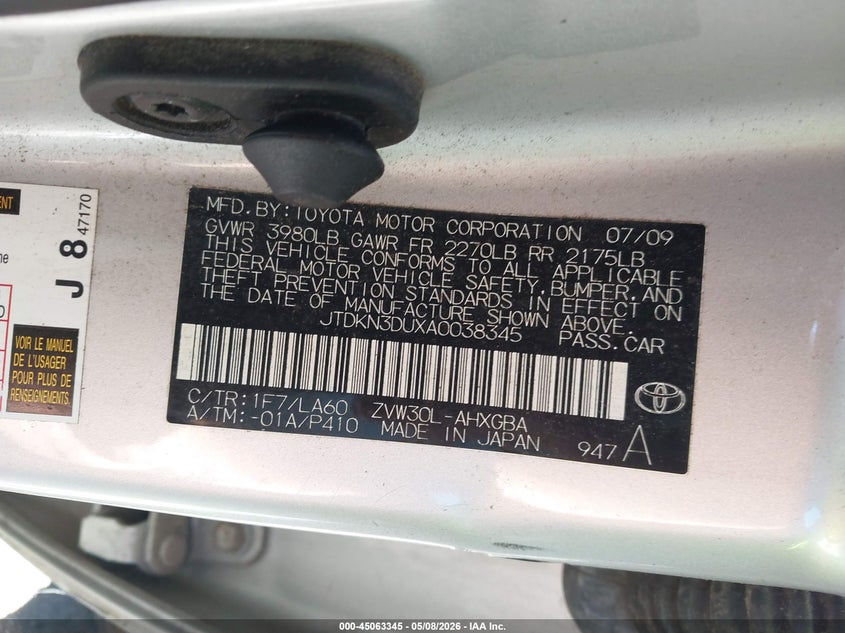 2010 Toyota Prius VIN JTDKN3DUXA0038345 IAAI salvage auction — LEFT SIDE, Salvage (North Carolina), sold $1,550 on 2026-07-09 (photo 9)