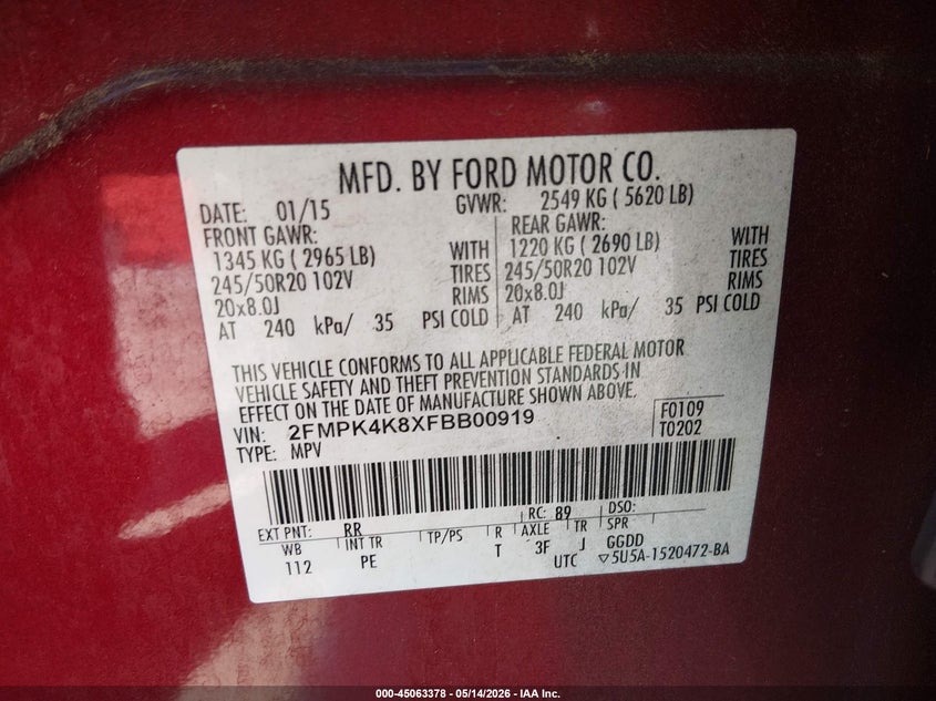 2015 Ford Edge VIN 2FMPK4K8XFBB00919 IAAI salvage auction — SIDE, Salvage (Georgia), sold $1,750 on 2026-07-10 (photo 9)