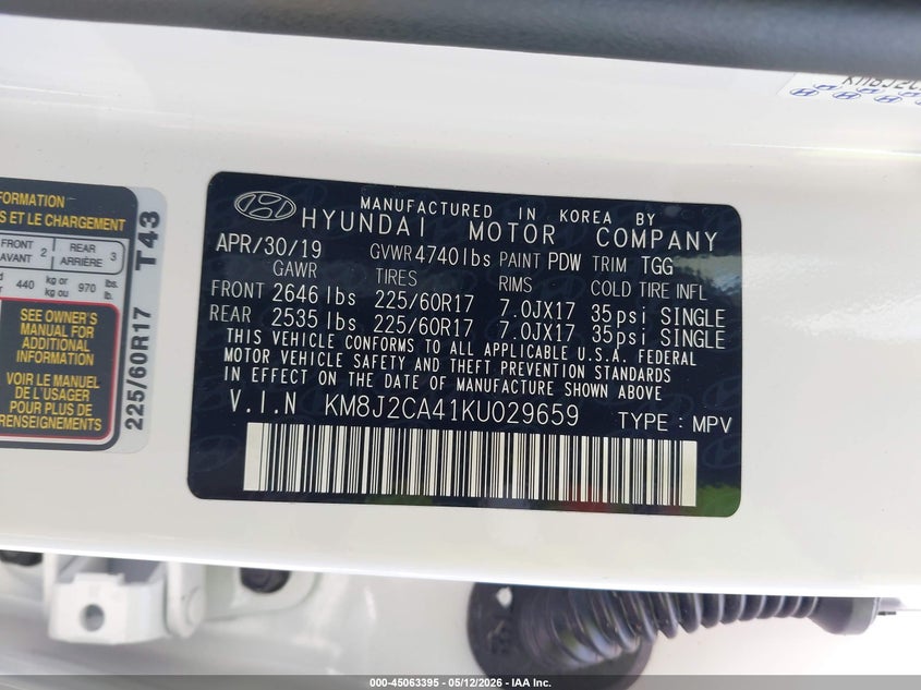 2019 Hyundai Tucson VIN KM8J2CA41KU029659 IAAI salvage auction — REAR END, Bill Of Sale (Washington), sold $3,950 on 2026-07-29 (photo 9)