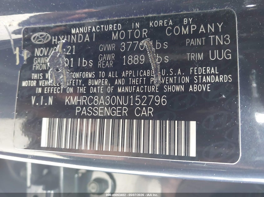 2022 Hyundai Venue VIN KMHRC8A30NU152796 IAAI salvage auction — REAR END, Salvage (Georgia), sold $3,050 on 2026-07-22 (photo 9)
