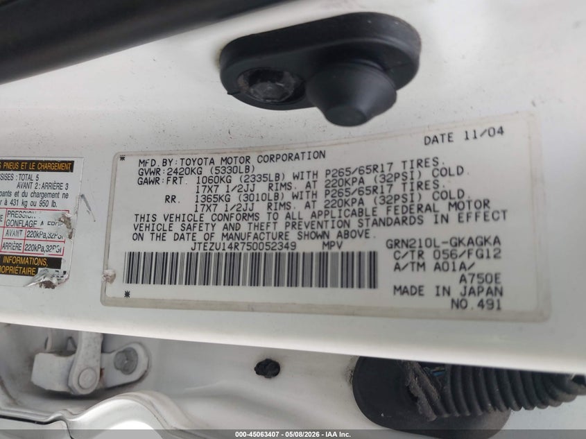 2005 Toyota 4runner VIN JTEZU14R750052349 IAAI salvage auction — FRONT END, Original (Texas), sold $2,800 on 2026-07-29 (photo 9)