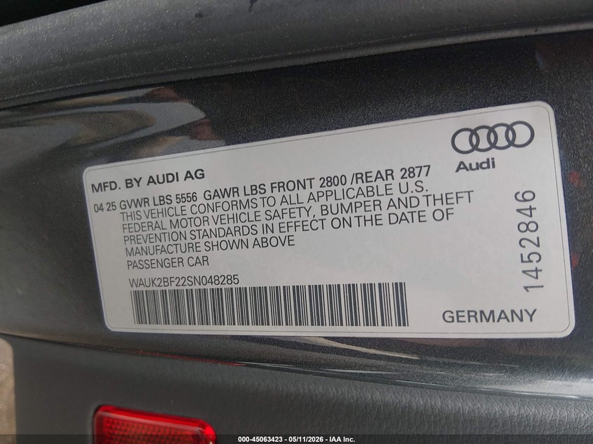 2025 Audi A6 VIN WAUK2BF22SN048285 IAAI salvage auction — FRONT END, Salvage Title, sold $19,950 on 2026-07-15 (photo 9)