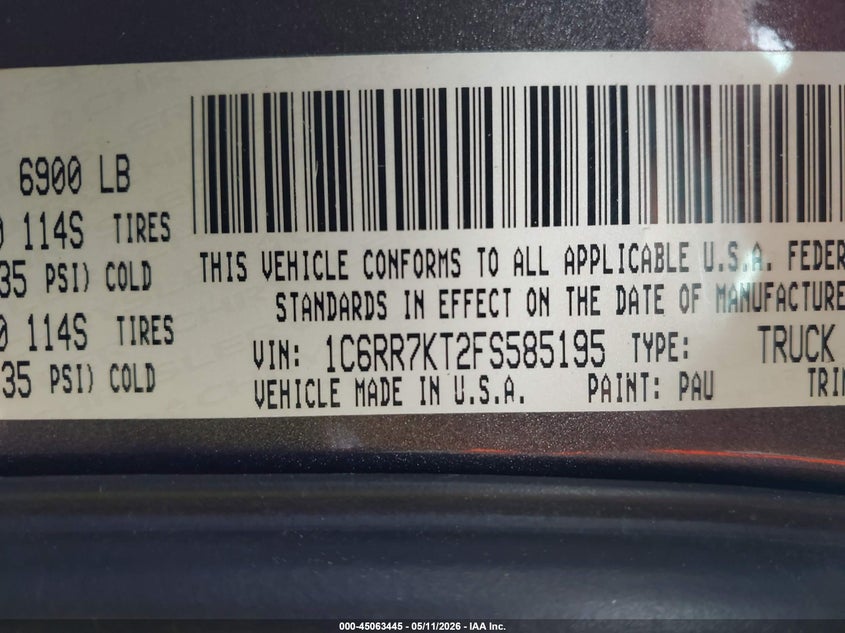 2015 Ram 1500 VIN 1C6RR7KT2FS585195 IAAI salvage auction — RIGHT FRONT, Salvage (North Carolina), sold $4,600 on 2026-07-23 (photo 9)