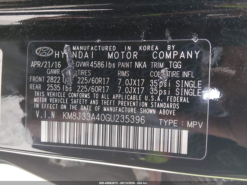 2016 Hyundai Tucson VIN KM8J33A40GU235396 IAAI salvage auction — FRONT END, Salvage (Rhode Island), sold $2,200 on 2026-07-07 (photo 9)