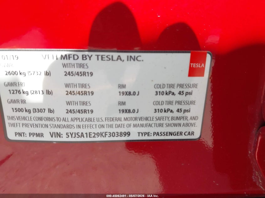 2019 Tesla Model s VIN 5YJSA1E29KF303899 IAAI salvage auction — LEFT FRONT, Rebuildable (Florida), sold $6,075 on 2026-07-30 (photo 9)