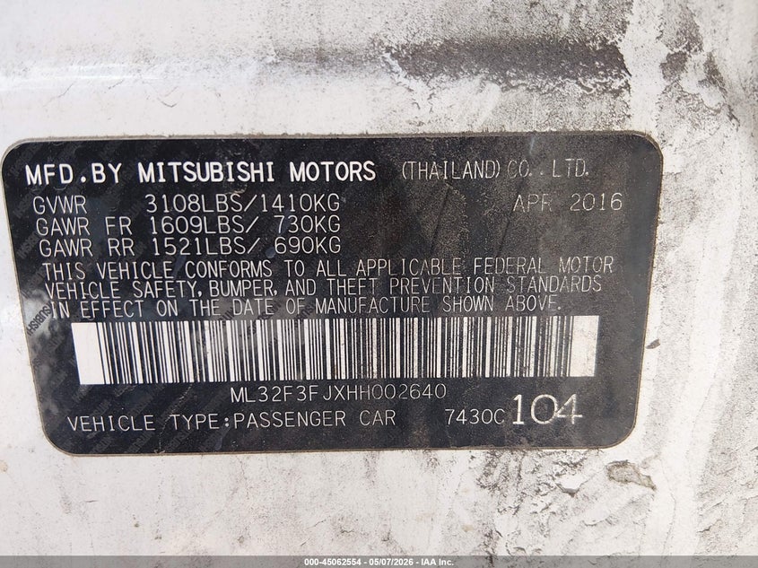 2017 Mitsubishi Mirage VIN ML32F3FJXHH002640 IAAI salvage auction — FRONT & REAR, Original (Texas), sold $300 on 2026-07-14 (photo 9)