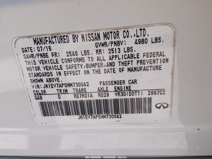 2017 Infiniti Q50 VIN JN1EV7AP0HM730042 IAAI salvage auction — FRONT END, Salvage (Idaho), sold $1,950 on 2026-07-29 (photo 9)