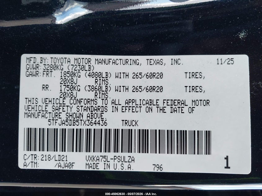 2026 Toyota Tundra VIN 5TFJA5DB5TX364436 IAAI salvage auction — FRONT END, Salvage (Maine), sold $26,350 on 2026-07-20 (photo 9)