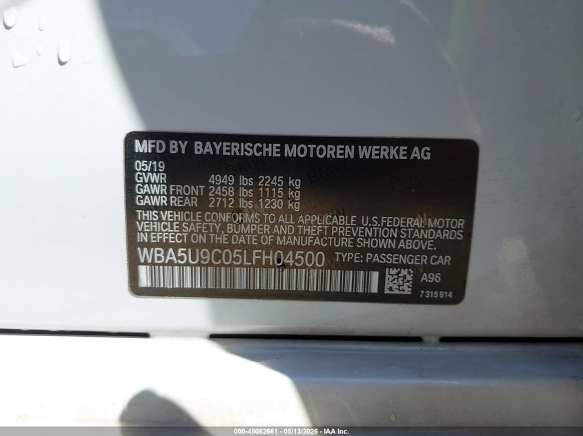 2020 BMW 3er VIN WBA5U9C05LFH04500 IAAI salvage auction — REAR END, Salvage (Missouri), sold $17,150 on 2026-07-14 (photo 9)