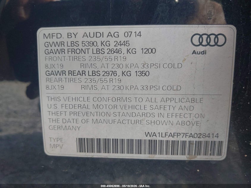 2015 Audi Q5 VIN WA1LFAFP7FA028414 IAAI salvage auction — REAR END, Nrc Lienholder Repossession Paperwork (Georgia), sold $25 on 2026-07-09 (photo 9)