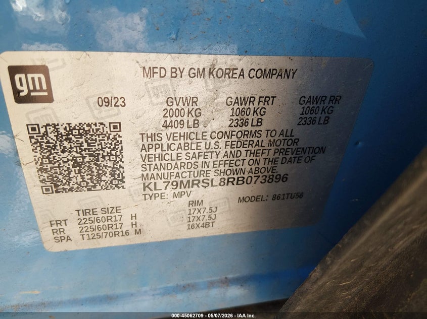 2024 Chevrolet Trailblazer VIN KL79MRSL8RB073896 IAAI salvage auction — FRONT END, Salvage (West Virginia), sold $6,950 on 2026-07-09 (photo 9)