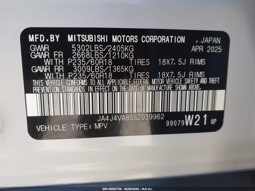 2025 Mitsubishi Outlander VIN JA4J4VA85SZ039962 IAAI salvage auction — FRONT END, Salvage (Pennsylvania), sold $7,150 on 2026-07-14 (photo 9)