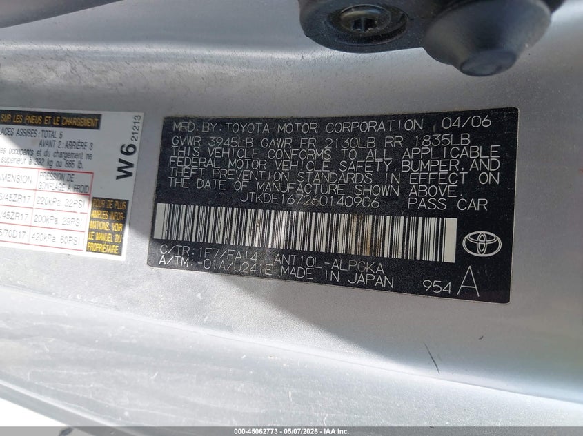 2006 Scion Tc VIN JTKDE167260140906 IAAI salvage auction — FRONT END, Clear (Indiana), sold $450 on 2026-07-09 (photo 9)