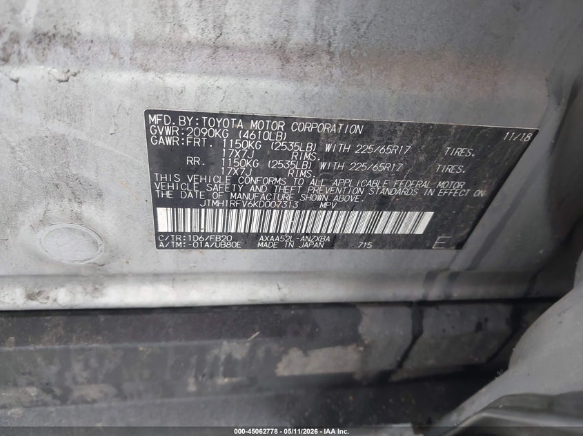 2019 Toyota Rav 4 VIN JTMH1RFV6KD007313 IAAI salvage auction — FRONT END, Salvage (Virginia), sold $8,775 on 2026-07-07 (photo 9)