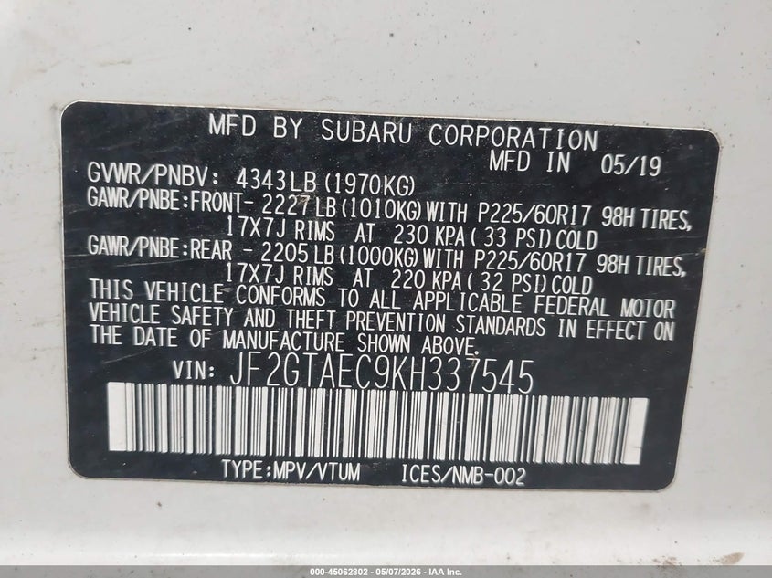 2019 Subaru Xv VIN JF2GTAEC9KH337545 IAAI salvage auction — FRONT END, Regular (South Dakota), sold $2,350 on 2026-07-28 (photo 9)