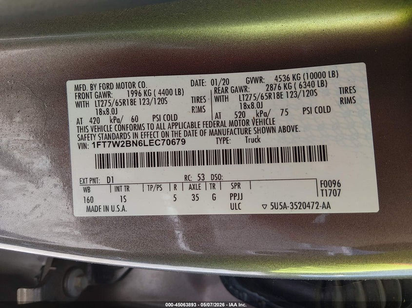 2020 Ford F250 VIN 1FT7W2BN6LEC70679 IAAI salvage auction — FRONT END, Salvage (Alabama), sold $10,300 on 2026-07-31 (photo 9)