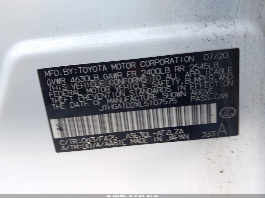 2020 Lexus Is VIN JTHGA1D2XL5107575 IAAI salvage auction — RIGHT FRONT, Certificate Of Destruction (Florida), sold $1,100 on 2026-07-06 (photo 9)