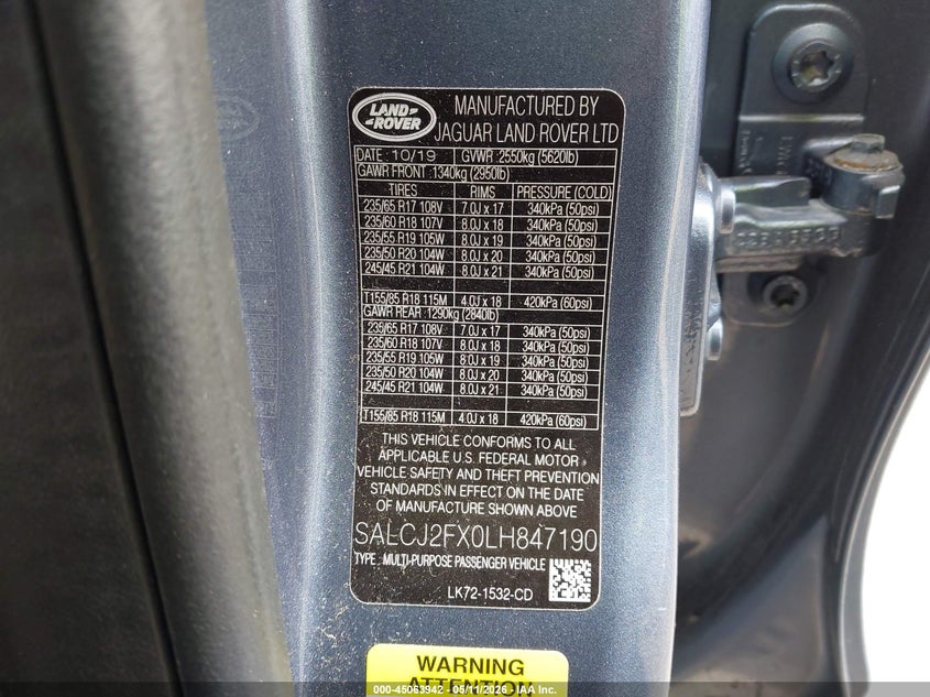 2020 Land rover Discovery sport VIN SALCJ2FX0LH847190 IAAI salvage auction — FRONT END, Salvage (Rhode Island), sold $3,050 on 2026-07-28 (photo 9)
