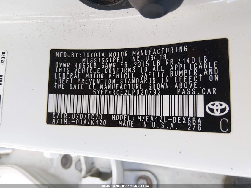 2020 Toyota Corolla VIN 5YFP4RCE2LP020792 IAAI salvage auction — FRONT END, Salvage (Kentucky), sold $3,850 on 2026-07-29 (photo 9)