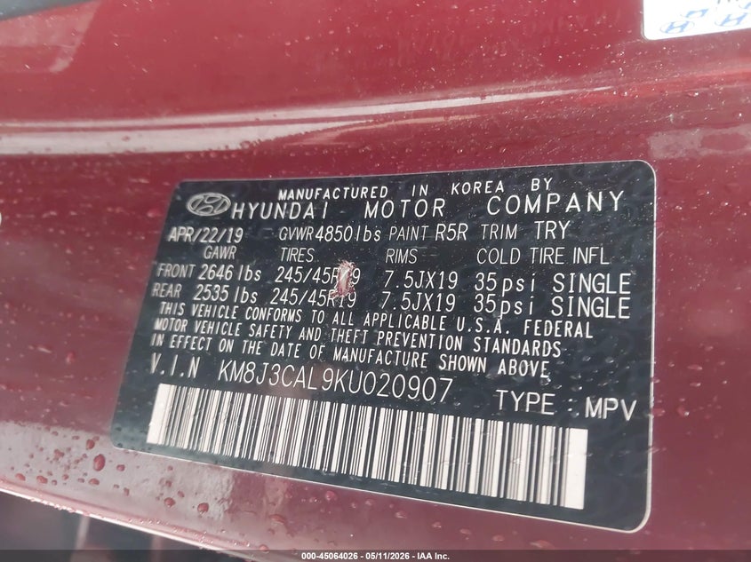 2019 Hyundai Tucson VIN KM8J3CAL9KU020907 IAAI salvage auction — REAR END, Salvage (Virginia), sold $3,300 on 2026-07-28 (photo 9)
