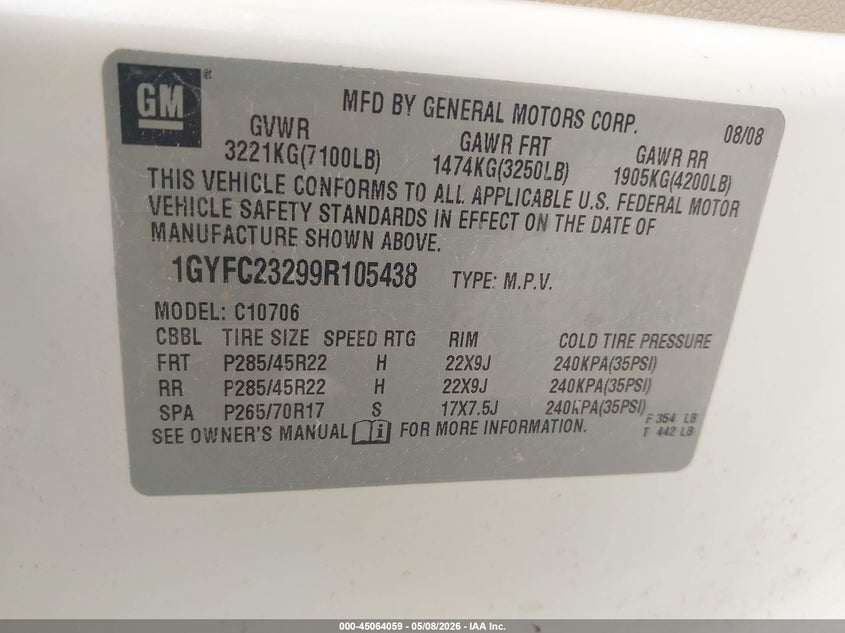 2009 Cadillac Escalade VIN 1GYFC23299R105438 IAAI salvage auction — FRONT END, Original (Texas), sold $800 on 2026-09-23 (photo 9)