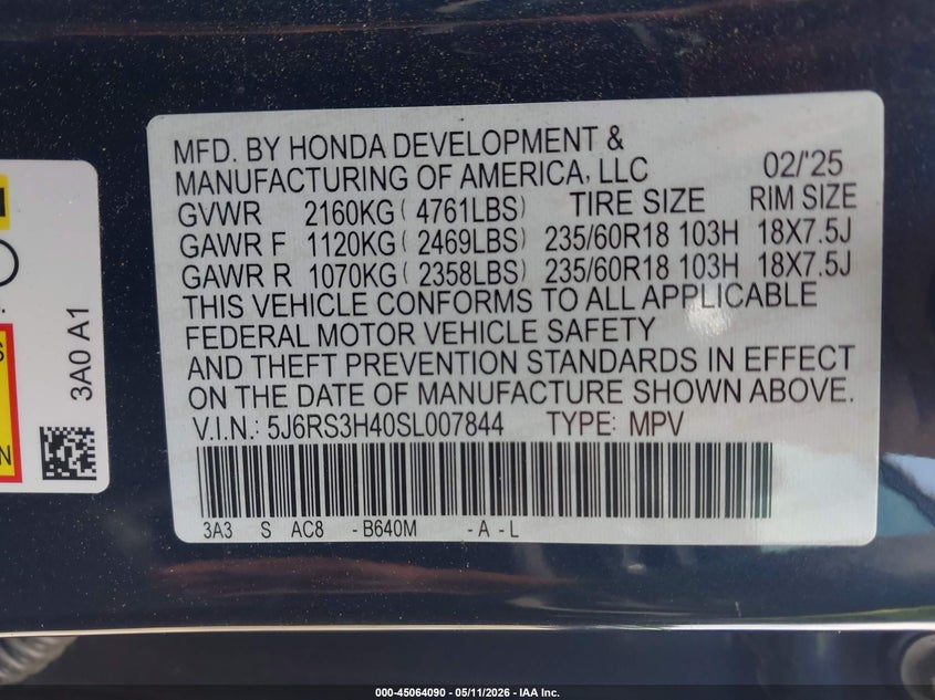 2025 Honda Cr-v VIN 5J6RS3H40SL007844 IAAI salvage auction — FRONT END, Clear (South Carolina), sold $6,800 on 2026-07-31 (photo 9)