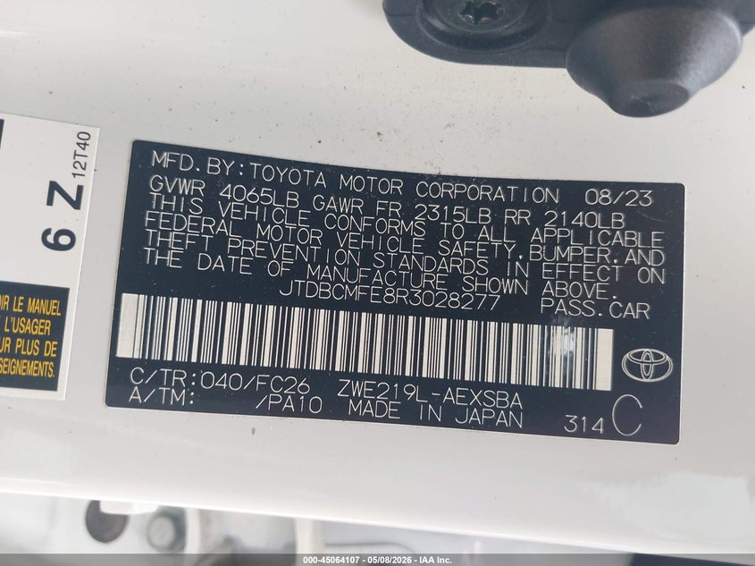 2024 Toyota Corolla VIN JTDBCMFE8R3028277 IAAI salvage auction — FRONT & REAR, Salvage (Georgia), sold $9,075 on 2026-07-09 (photo 9)