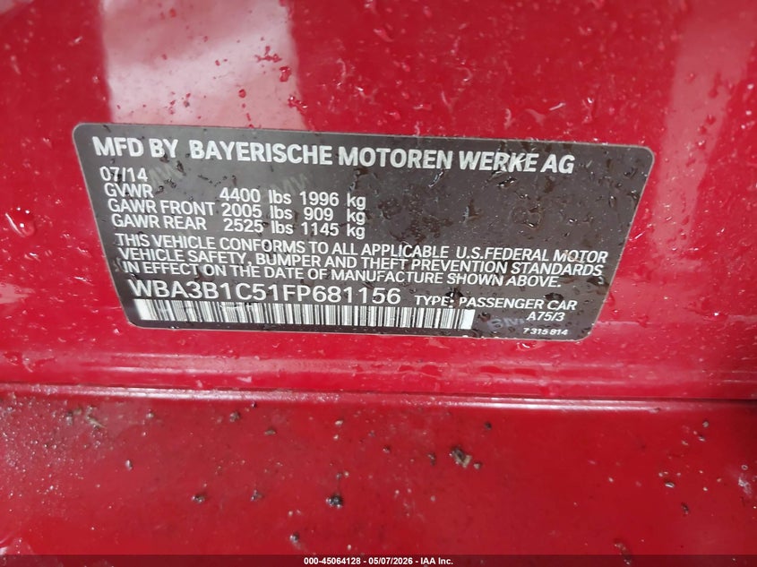 2015 BMW 3er VIN WBA3B1C51FP681156 IAAI salvage auction — FRONT END, Salvage (Georgia), sold $1,100 on 2026-07-06 (photo 9)