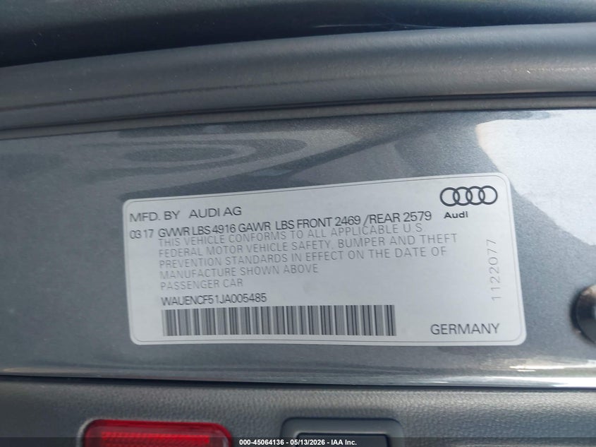 2018 Audi A5 VIN WAUENCF51JA005485 IAAI salvage auction — LEFT FRONT, Salvage Title, sold $5,100 on 2026-07-09 (photo 9)