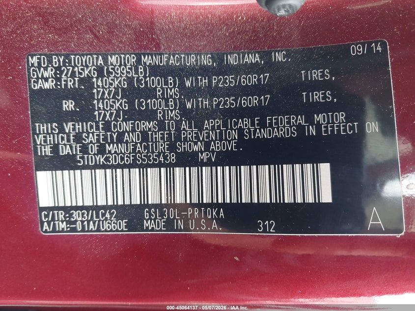 2015 Toyota Sienna VIN 5TDYK3DC6FS535438 IAAI salvage auction — FRONT END, Salvage (South Carolina), sold $3,750 on 2026-07-13 (photo 9)