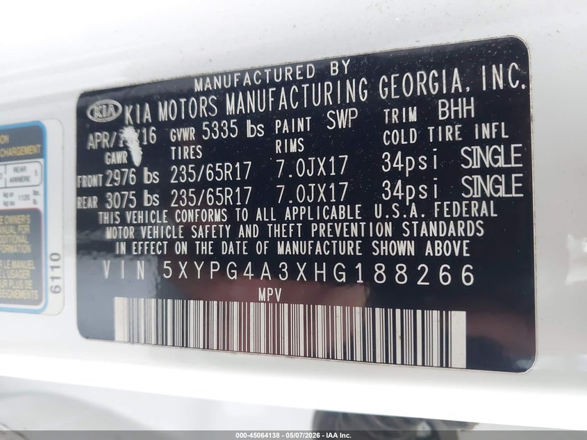 2017 Kia Sorento VIN 5XYPG4A3XHG188266 IAAI salvage auction — FRONT END, Salvage (North Carolina), sold $1,550 on 2026-07-22 (photo 9)